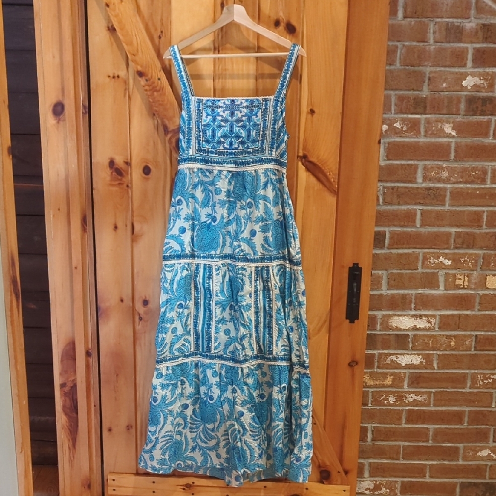 Joie Turquoise Printed Square-Neck Tiered Maxi Dress